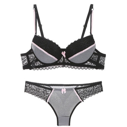 Lace Striped Lingerie Set with Bra and Panties